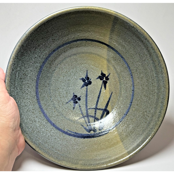 Studio Art Pottery Bowl Signed Ferris 83 Cobalt Blue Iris Flowers Salt Glaze 10" - Picture 5 of 5